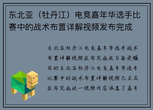 东北亚（牡丹江）电竞嘉年华选手比赛中的战术布置详解视频发布完成